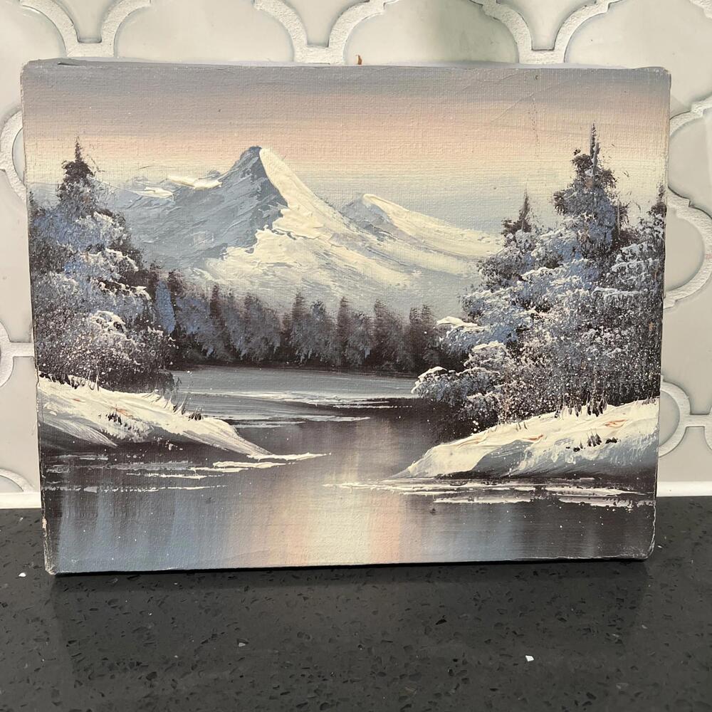 10x8 Folk Art Winter Forest Snow Scene Mountains Oil Painting Canvas Panel